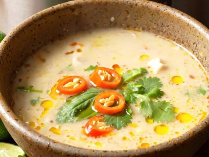 Slow cooker Thai coconut chicken soup in a ceramic bowl, creamy ivory broth with chicken slices, mushrooms