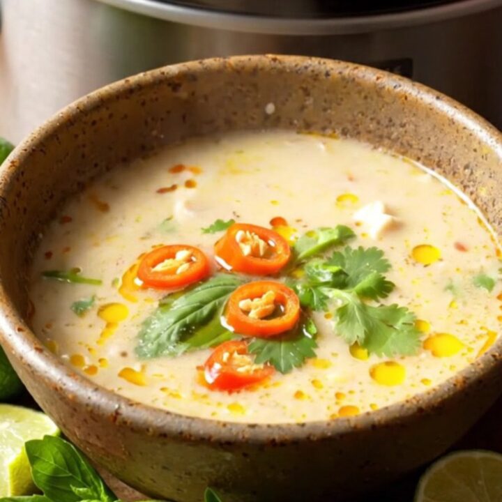Slow cooker Thai coconut chicken soup in a ceramic bowl, creamy ivory broth with chicken slices, mushrooms
