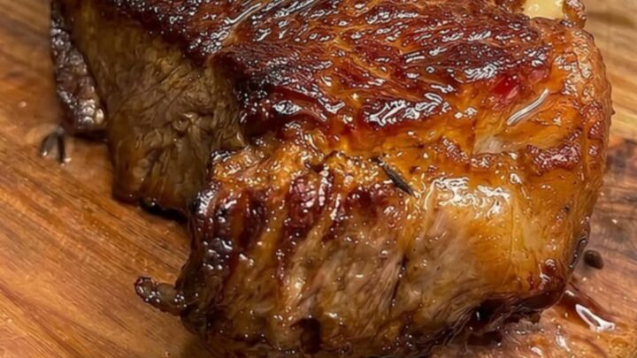 Golden-brown pan-seared ribeye steak on a wooden cutting board, sliced to show a juicy pink center with steam rising