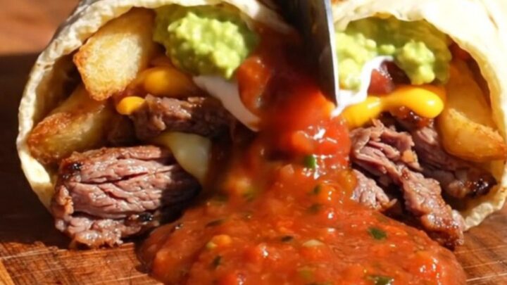 Halved San Diego carne asada burrito showing charred steak, crispy shoestring fries