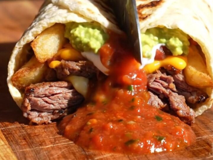 Halved San Diego carne asada burrito showing charred steak, crispy shoestring fries