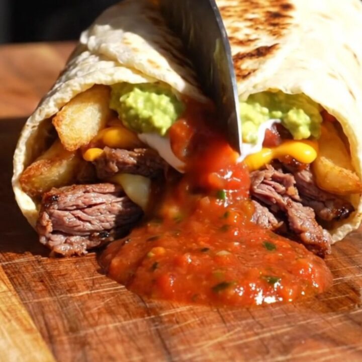 Halved San Diego carne asada burrito showing charred steak, crispy shoestring fries