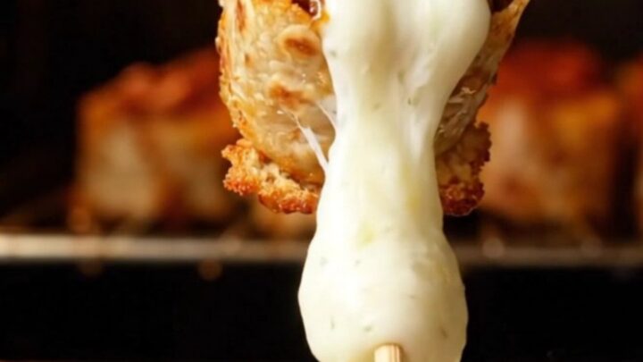 Glazed beef tortilla kebabs on a skewer with melted cheese and honey paprika glaze