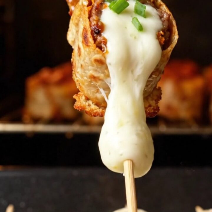 Glazed beef tortilla kebabs on a skewer with melted cheese and honey paprika glaze