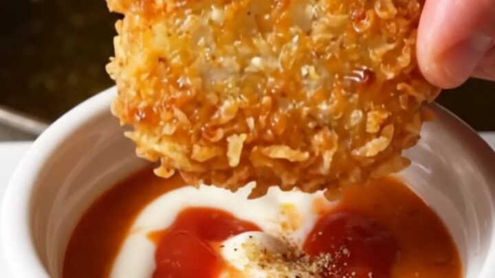 A stack of golden crispy cheddar potato patties with a small bowl of tangy dip on a wooden board.
