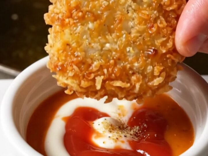 A stack of golden crispy cheddar potato patties with a small bowl of tangy dip on a wooden board.