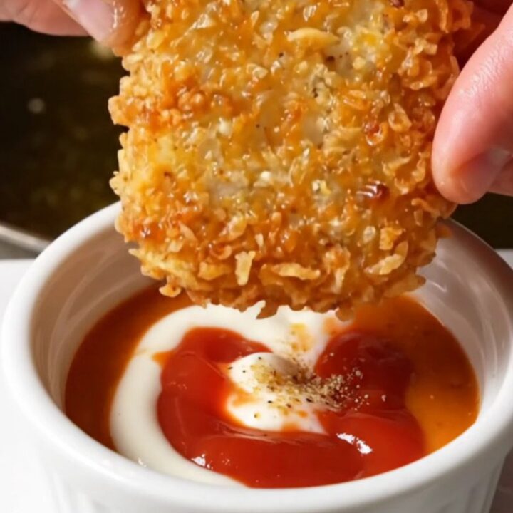 A stack of golden crispy cheddar potato patties with a small bowl of tangy dip on a wooden board.