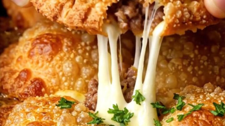 Golden crispy tortilla pockets with melted cheese on top, served on a plate.