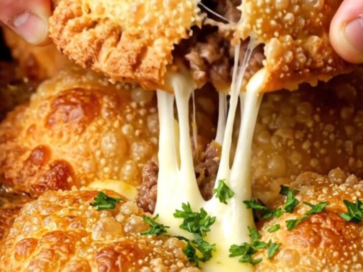 Golden crispy tortilla pockets with melted cheese on top, served on a plate.