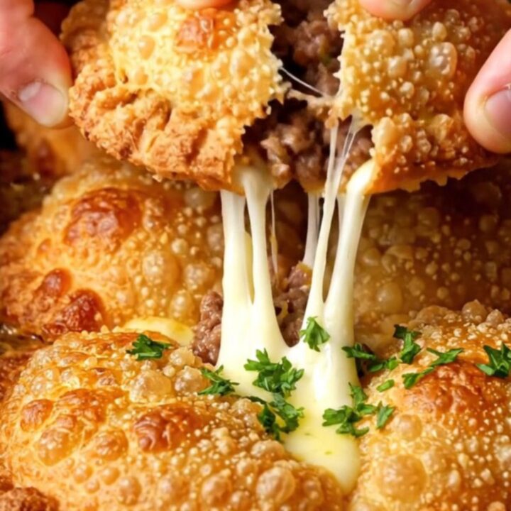 Golden crispy tortilla pockets with melted cheese on top, served on a plate.