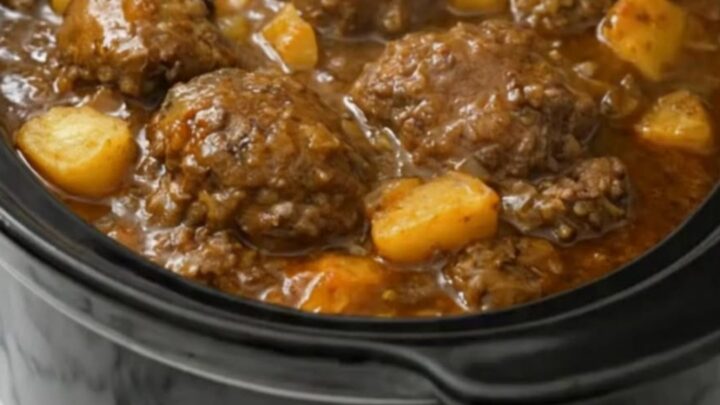 A serving spoon lifting a tender Salisbury steak patty and potato chunks in steaming onion gravy from a black slow cooker