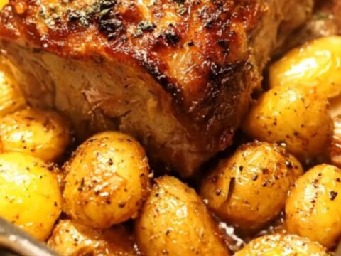 Golden herb-crusted roast pork surrounded by roasted baby potatoes in a metal baking pan, steam rising