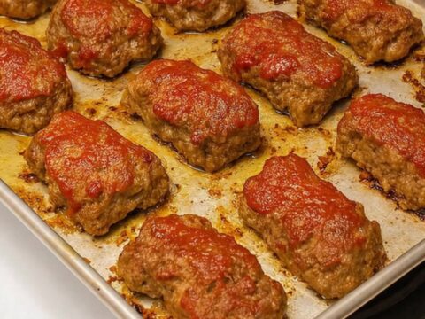 Glazed mini meatloaf lifted from a baking sheet on a metal spatula, steam rising, glossy sweet glaze catching the light