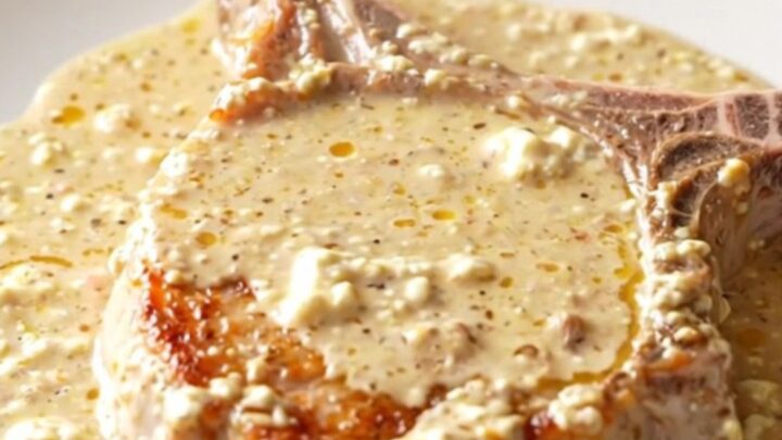 Boneless pork chop smothered in thick creamy cheddar sauce on a white plate, steam rising in a bright kitchen