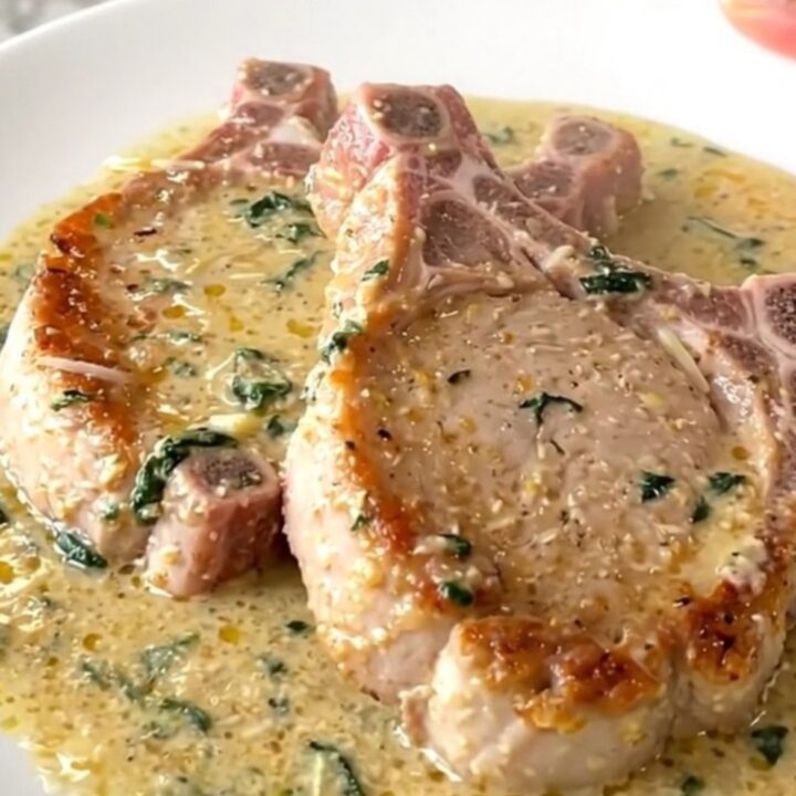 Boneless pork chops in thick creamy parmesan sauce with wilted spinach, served steaming on a white plate
