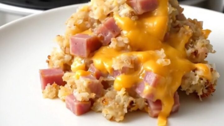 A scoop of creamy crockpot cheesy ham and hash browns steaming on a white plate