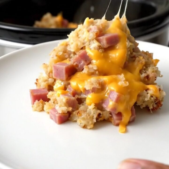 A scoop of creamy crockpot cheesy ham and hash browns steaming on a white plate