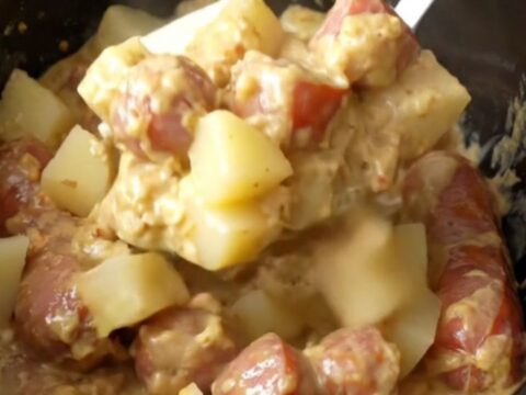Kielbasa coins and potato cubes in thick creamy garlic sauce, served hot from a black slow cooker insert