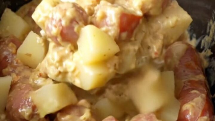 Kielbasa coins and potato cubes in thick creamy garlic sauce, served hot from a black slow cooker insert