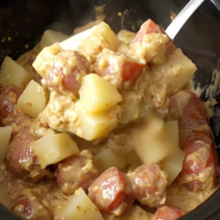 Kielbasa coins and potato cubes in thick creamy garlic sauce, served hot from a black slow cooker insert