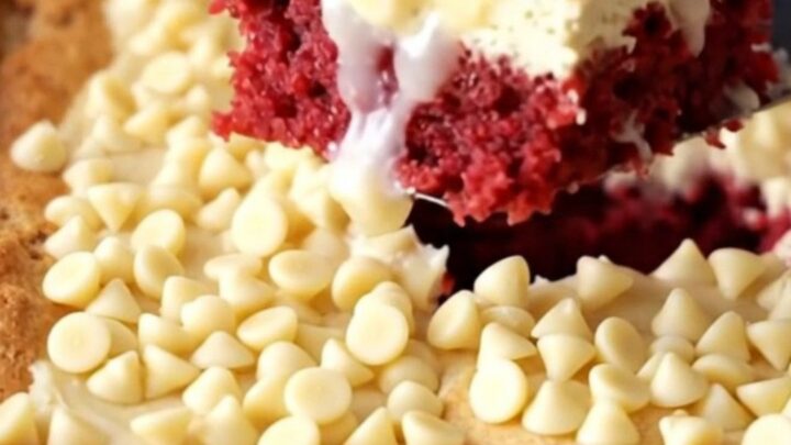 Baked red velvet gooey butter cake with pale golden top and white chocolate chips in a white ceramic dish