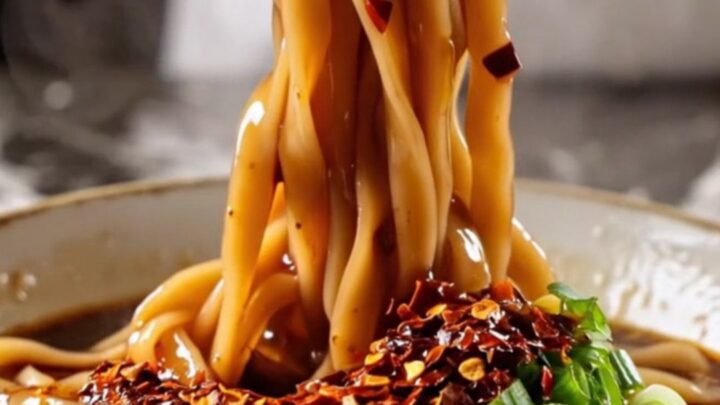 Wide glossy Biang Biang belt noodles coated in fiery red chili oil with bok choy, lifted by chopsticks with steam rising