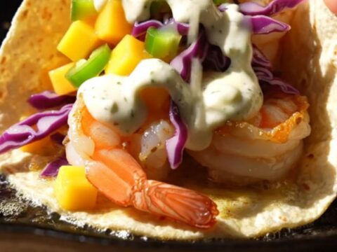 Spicy garlic butter shrimp smash taco with caramelized chipotle shrimp, mango slaw