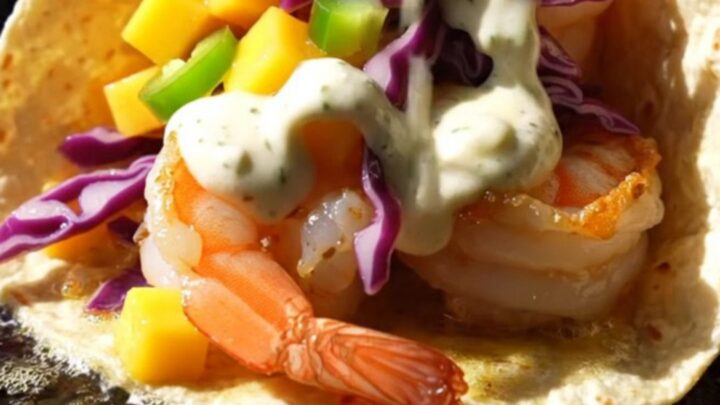 Spicy garlic butter shrimp smash taco with caramelized chipotle shrimp, mango slaw