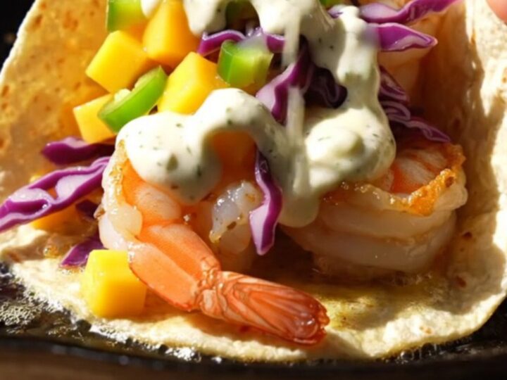 Spicy garlic butter shrimp smash taco with caramelized chipotle shrimp, mango slaw