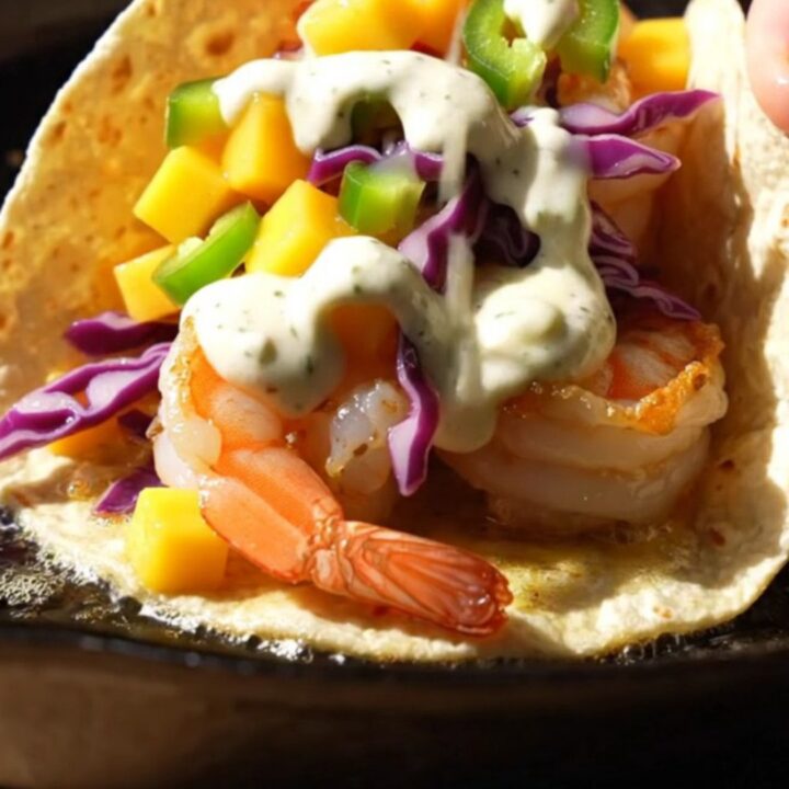 Spicy garlic butter shrimp smash taco with caramelized chipotle shrimp, mango slaw