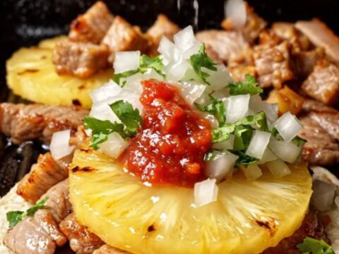 Pork belly al pastor tacos on doubled corn tortillas with charred pineapple, white onion, cilantro and lime wedges