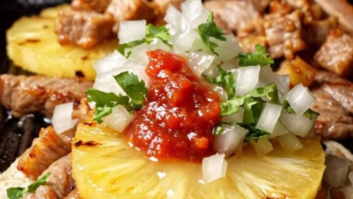 Pork belly al pastor tacos on doubled corn tortillas with charred pineapple, white onion, cilantro and lime wedges