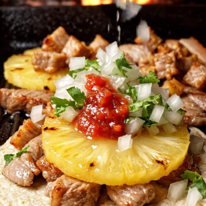 Pork belly al pastor tacos on doubled corn tortillas with charred pineapple, white onion, cilantro and lime wedges