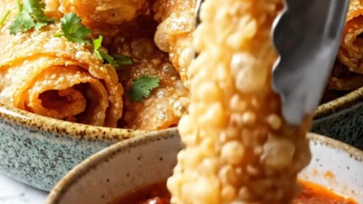 Golden crispy air-fryer cheesy taco pinwheels piled on a platter with a bowl of chunky roasted salsa