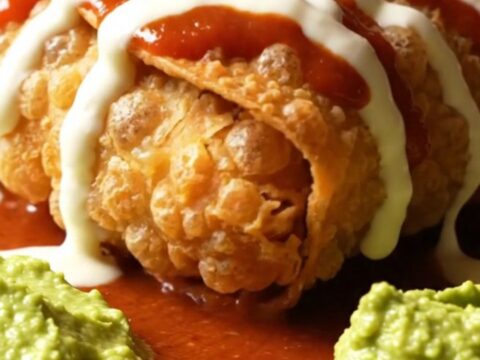 A knife slicing through a blistered golden fried chicken chimichanga with steam and molten pepper jack cheese inside