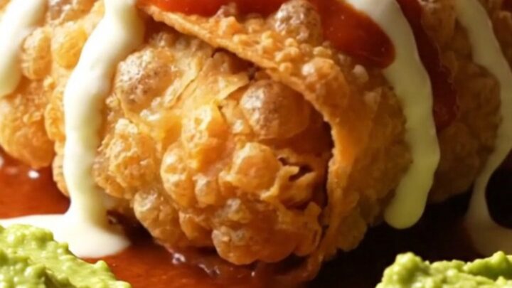 A knife slicing through a blistered golden fried chicken chimichanga with steam and molten pepper jack cheese inside