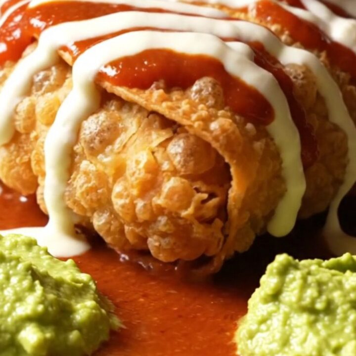 A knife slicing through a blistered golden fried chicken chimichanga with steam and molten pepper jack cheese inside
