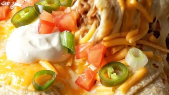 A baked enchilada-style beef burrito lifted from a bubbling 9x13 dish