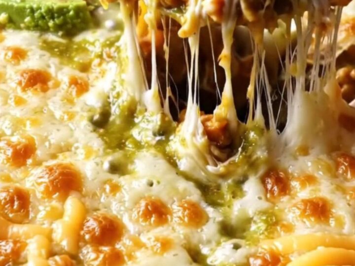 One-pan green chile chicken enchilada skillet with blistered Monterey Jack, avocado