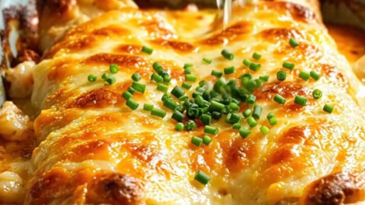 Golden blistered garlic butter crab and shrimp enchiladas in a ceramic baking dish