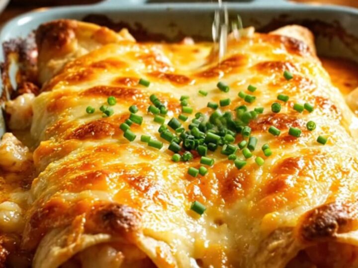 Golden blistered garlic butter crab and shrimp enchiladas in a ceramic baking dish