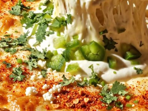 Bubbling Mexican street corn esquites dip in a cast-iron skillet, golden and molten