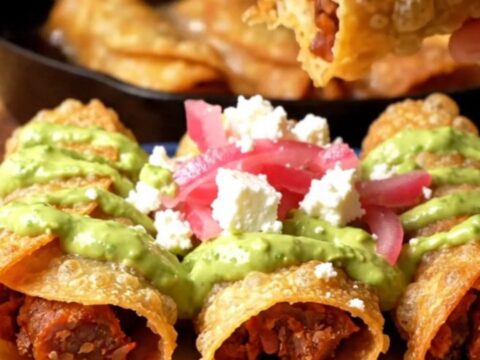 Golden-brown chorizo and black bean flautas snapped in half, topped with bright green avocado crema ribbons and pink pickled