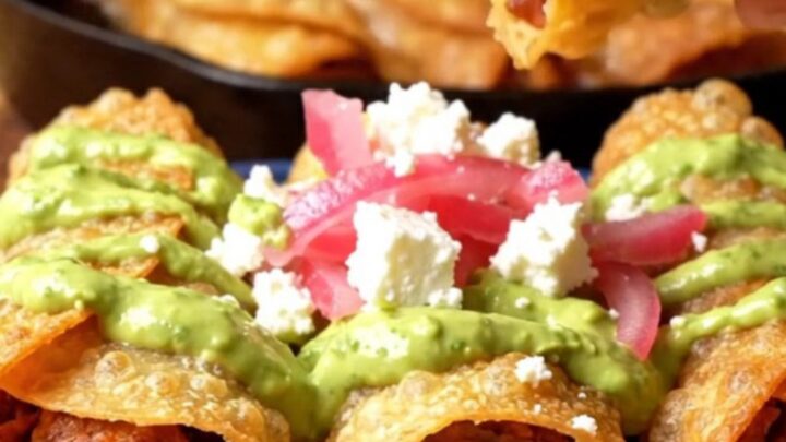 Golden-brown chorizo and black bean flautas snapped in half, topped with bright green avocado crema ribbons and pink pickled