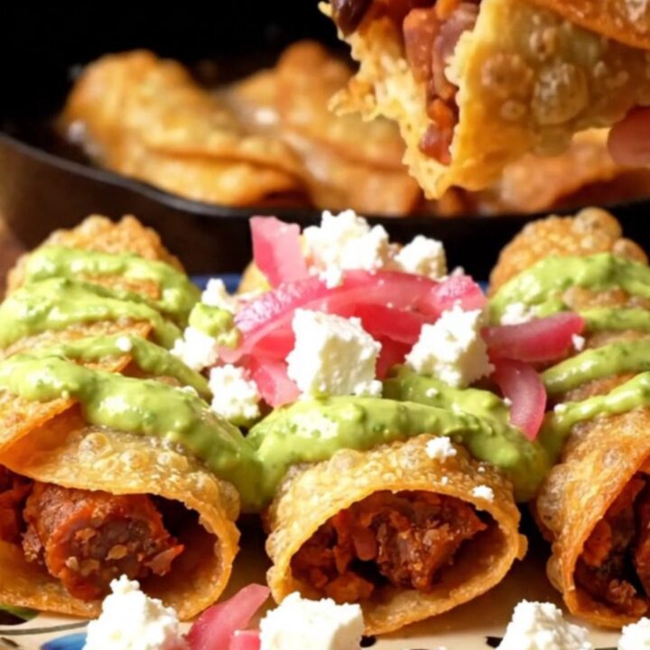 Golden-brown chorizo and black bean flautas snapped in half, topped with bright green avocado crema ribbons and pink pickled