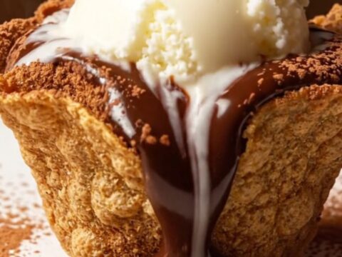 Molten Mexican hot chocolate lava cake in a crispy cinnamon-sugar tortilla cup