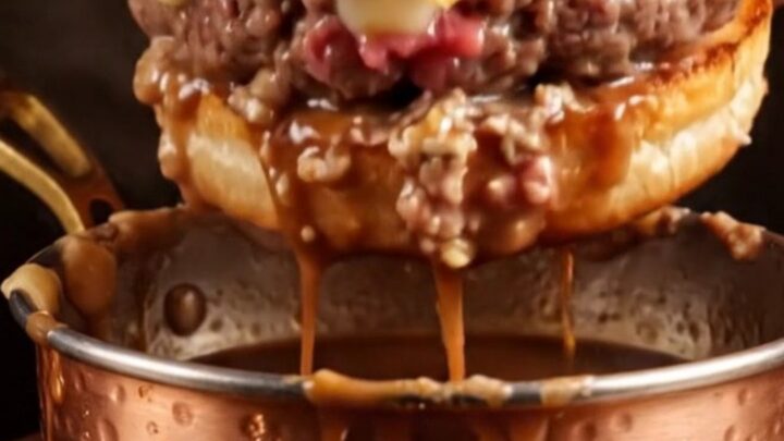 French Dip smash burger with melted Gruyère and crispy onions being dunked into a steaming bowl of rosemary au jus