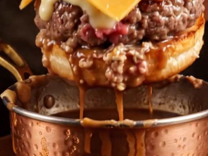 French Dip smash burger with melted Gruyère and crispy onions being dunked into a steaming bowl of rosemary au jus