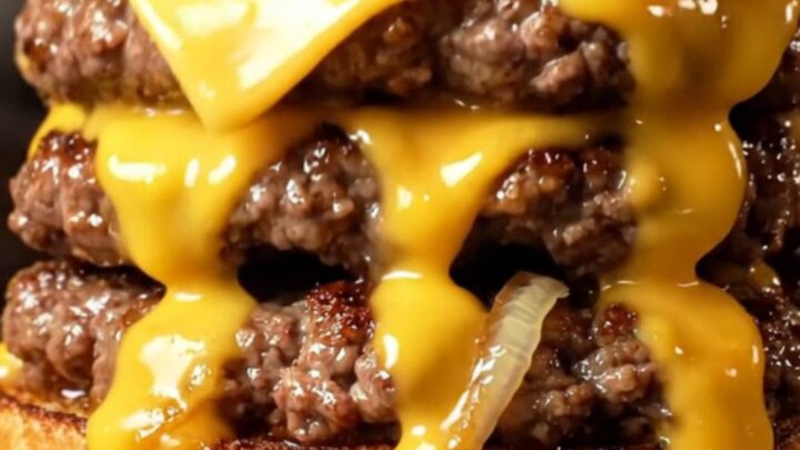 Cross-section of an Oklahoma onion smash burger with molten American cheese