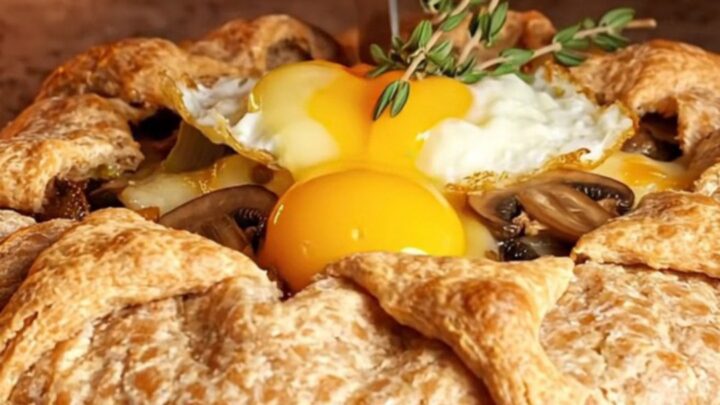 Rustic buckwheat galette with mushrooms, leeks, and blistered gruyere sliced on a dark slate board